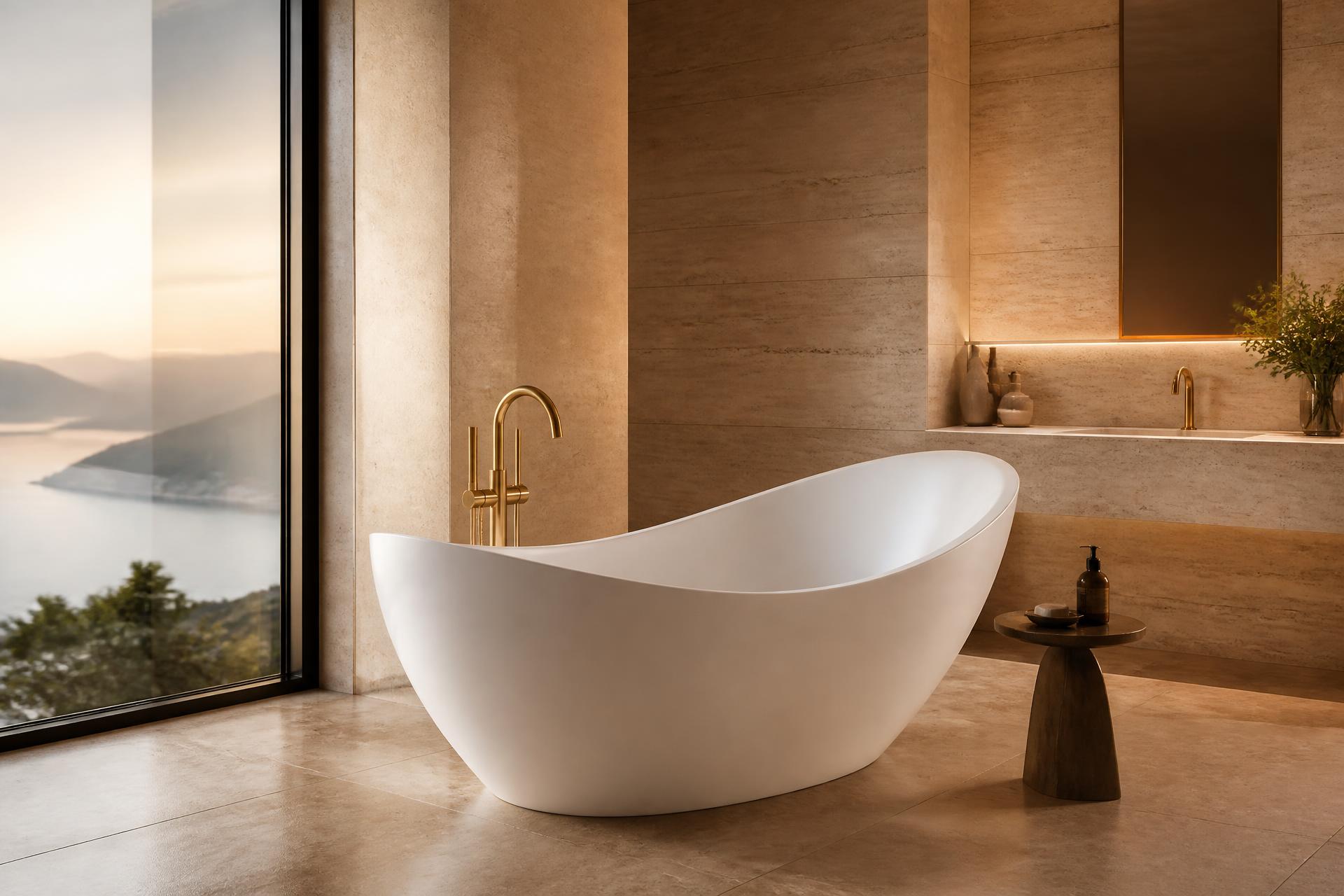 Freestanding bathtub in a sunlit stone bathroom